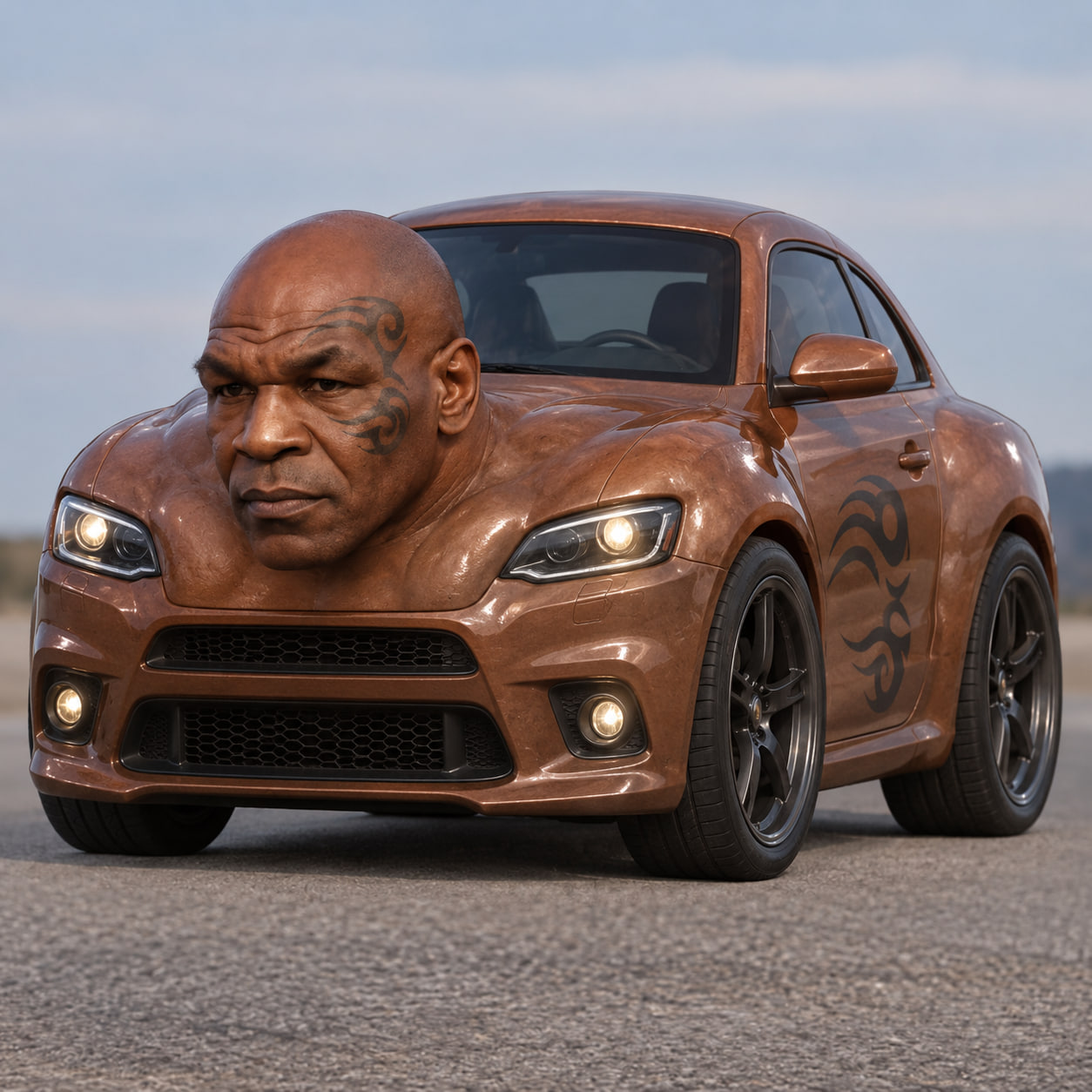 CAR TYSON: a copper sports car fused with a stern tattooed fighter's head